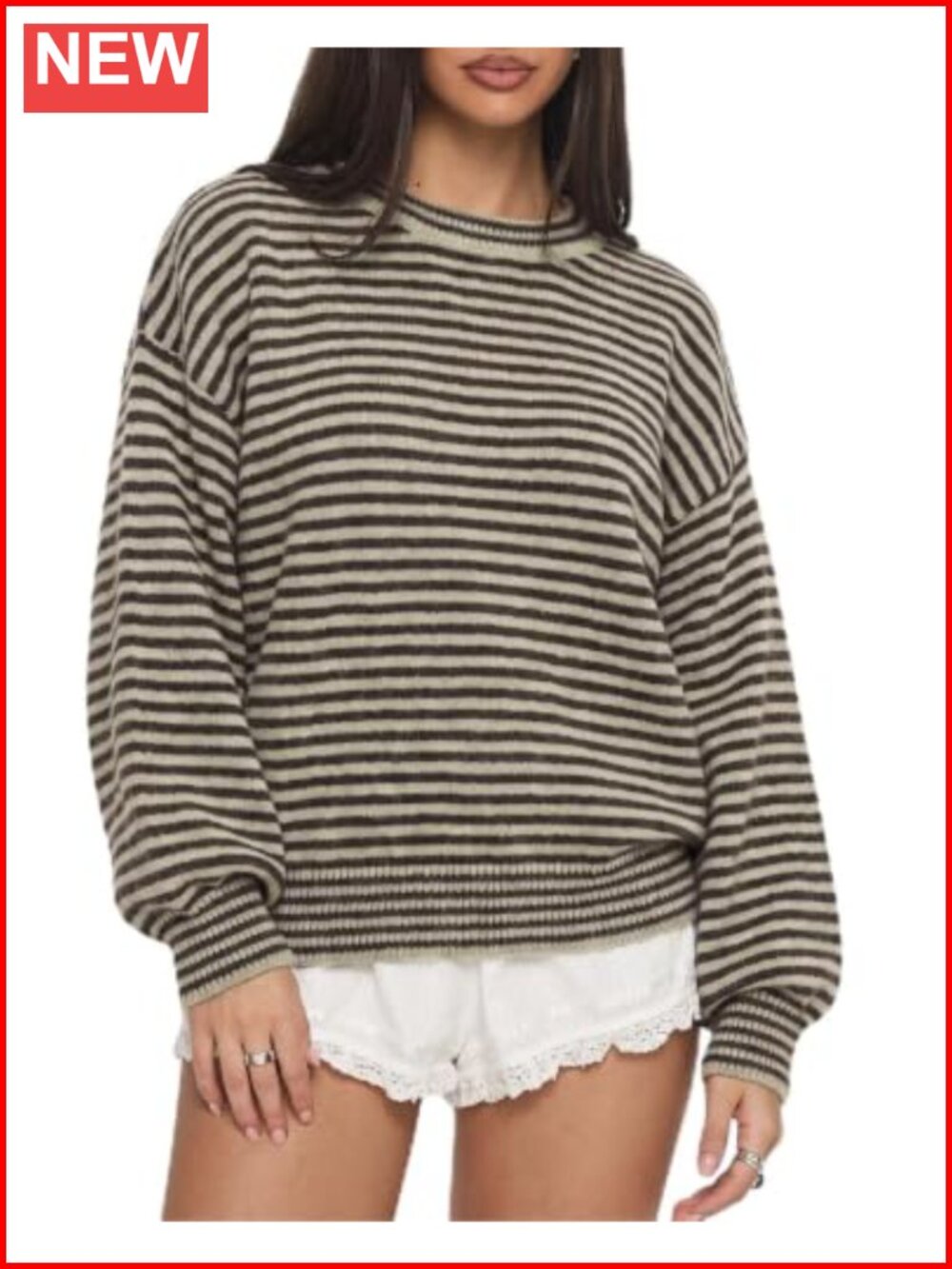 Oversized Striped Sweater Long Sleeve Pullover Crew Neck Loose Fit